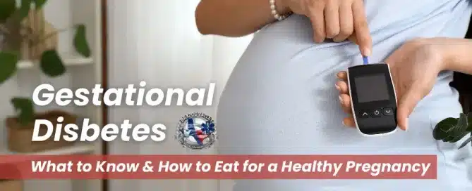 Pregnant woman checking blood sugar with a glucose meter, promoting information on gestational diabetes and healthy eating during pregnancy.