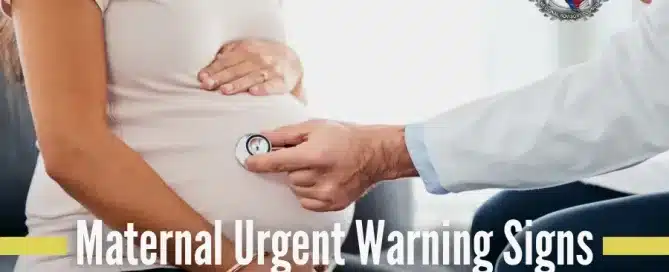 Pregnant woman sitting on a patient seat while a doctor uses a stethoscope to listen to her stomach.