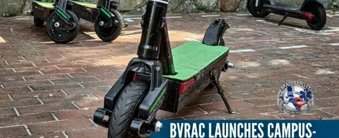 Electric scooters parked on a brick walkway with a banner reading “BVRAC Launches Campus-Focused Injury Prevention,” supporting the Campus Injury Prevention Initiative.