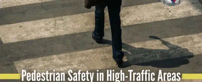 BVRAC blog cover for “Pedestrian Safety in High-Traffic Areas” showing a person walking through a crosswalk with safety-focused text overlay.