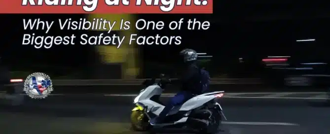 Night Riding Visibility Safety Tips graphic showing a scooter rider at night on a dark road