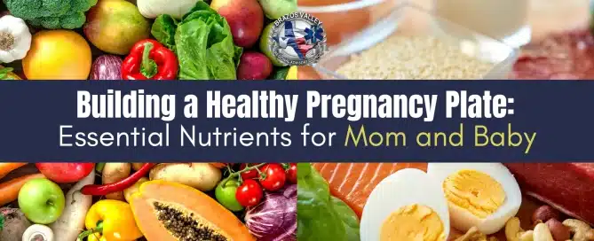 Healthy pregnancy nutrition with fruits, vegetables, eggs, fish, nuts, and other nutrient-rich foods for mom and baby