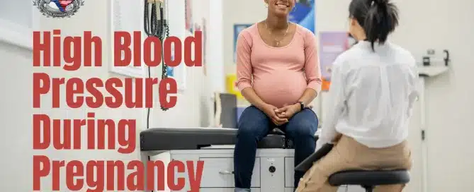 High blood pressure during pregnancy checkup with expecting mother and healthcare provider